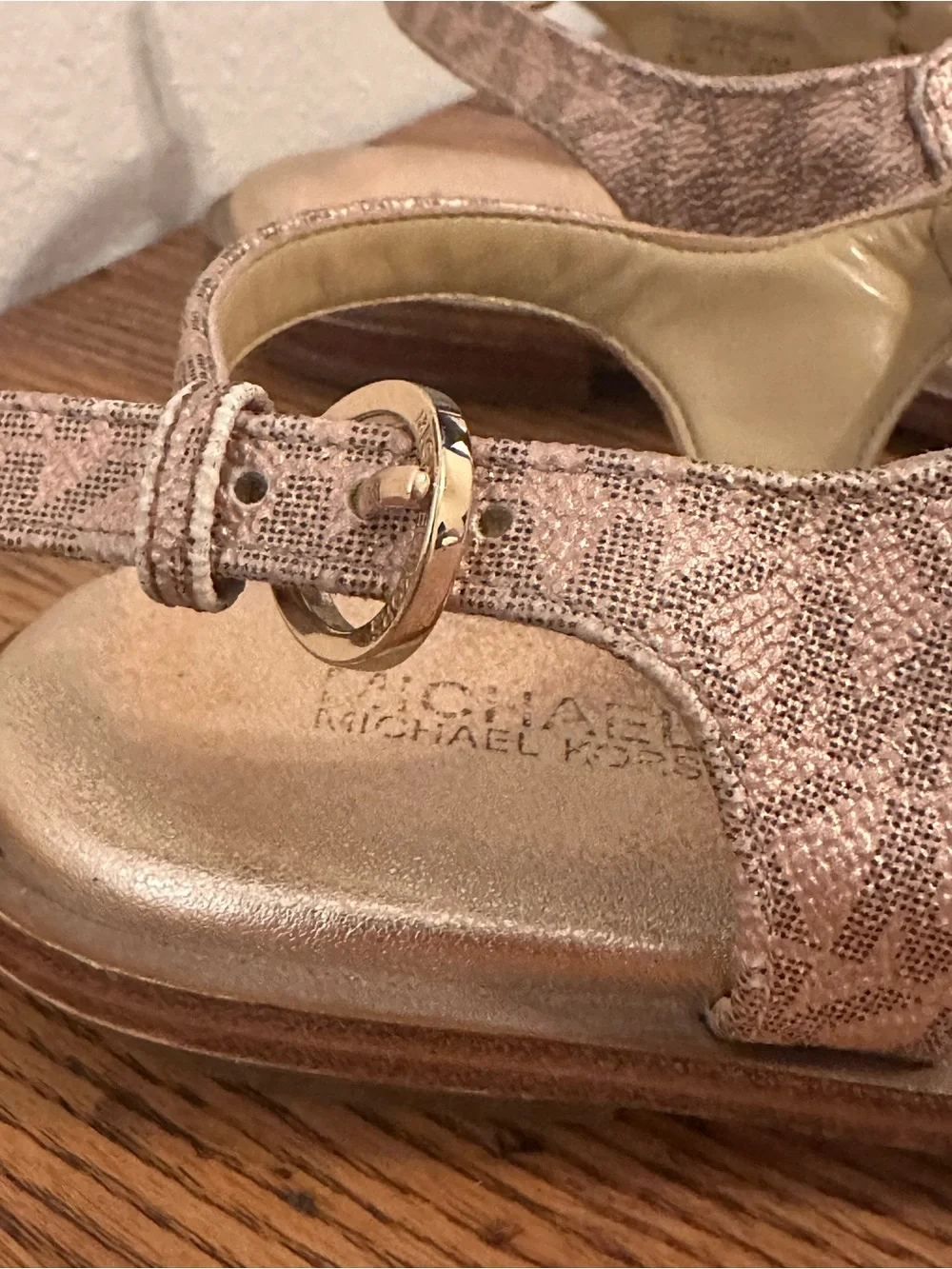 Michael Kors Metallic Rose Gold MK Logo T-Strap Sandal